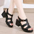 Women's black plain retro cut out buckle chunky heel shoe sandal 07