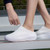 Women's white flyknit pattern texture slip on rocker bottom shoe mule 08