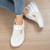Women's white flyknit wide toe texture stripe velcro slip on shoe sneaker 08