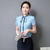 Blue pleated short sleeve shirt with neck tie 05