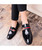 Black metal stripe patent leather slip on dress shoe 02
