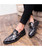 Black camo pattern metal buckle slip on dress shoe 02