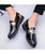Black golden rivet buckle patent slip on dress shoe 08