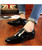 Black metal rivet decorated leather slip on dress shoe 08