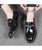 Black blue floral pattern buckle leather slip on dress shoe 10