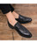 Black brogue leather slip on dress shoe check detail 02