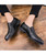 Black brogue leather slip on dress shoe check detail 07