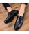 Black brogue leather slip on dress shoe check detail 09