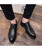 Black brogue leather slip on dress shoe rivet detail 09