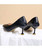 Black plain slip on mid heel dress shoe 07