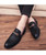 Men's black color stripe metal buckle leather slip on dress shoe 04