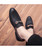 Men's black color stripe metal buckle leather slip on dress shoe 10