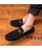 Men's black color stripe leather slip on penny loafer 04
