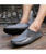 Men's grey leather slip on shoe loafer lace on side 05