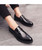 Men's black rectangle metal buckle pattern slip on dress shoe 04