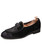 Black leather slip on dress shoes with bow tie design 01