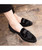 Black leather slip on dress shoes with bow tie design 05