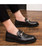 Black metal buckle crocodile skin pattern leather slip on dress shoe 03