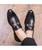 Black metal buckle sewed effect leather slip on dress shoe 04