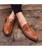 Brown metal buckle sewed effect leather slip on dress shoe 02