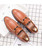 Brown metal buckle sewed effect leather slip on dress shoe 09
