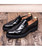 Black sewed design brogue leather slip on dress shoe 07