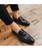 Black tassel on vamp check pattern leather slip on dress shoe 07
