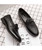 Men's black check pattern bow tie leather slip on dress shoe 10