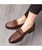 Men's brown check pattern bow tie leather slip on dress shoe 05
