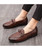 Men's brown check pattern bow tie leather slip on dress shoe 06