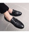 Men's black sewed tassel on vamp leather slip on dress shoe 04