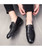 Men's black sewed tassel on vamp leather slip on dress shoe 09