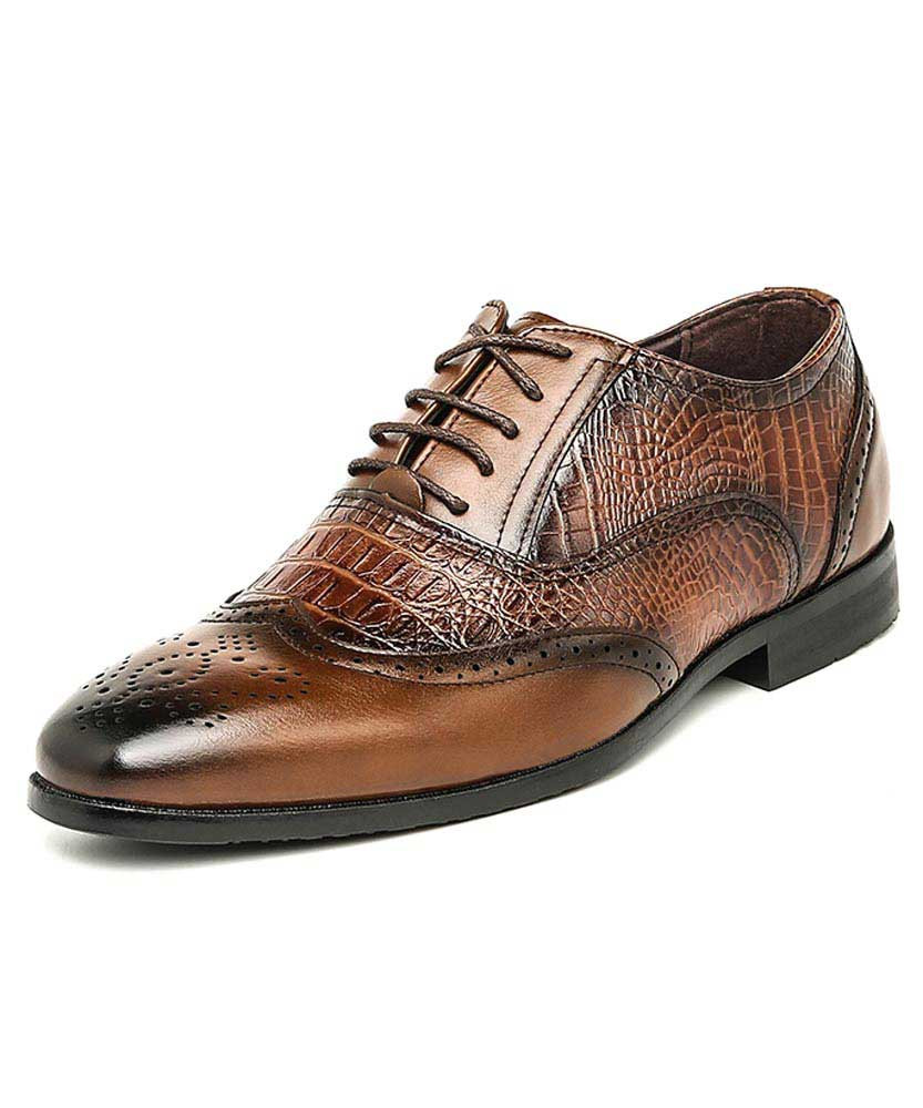 Men's brown retro brogue croc pattern oxford dress shoe 01