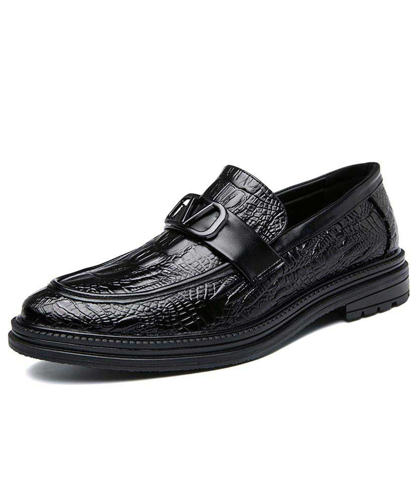 Men's black croc skin pattern buckle penny slip on dress shoe 01