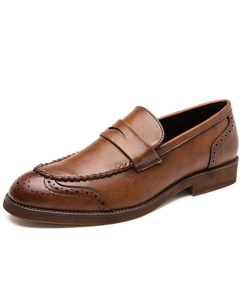 Men's brown retro brogue penny slip on dress shoe 01