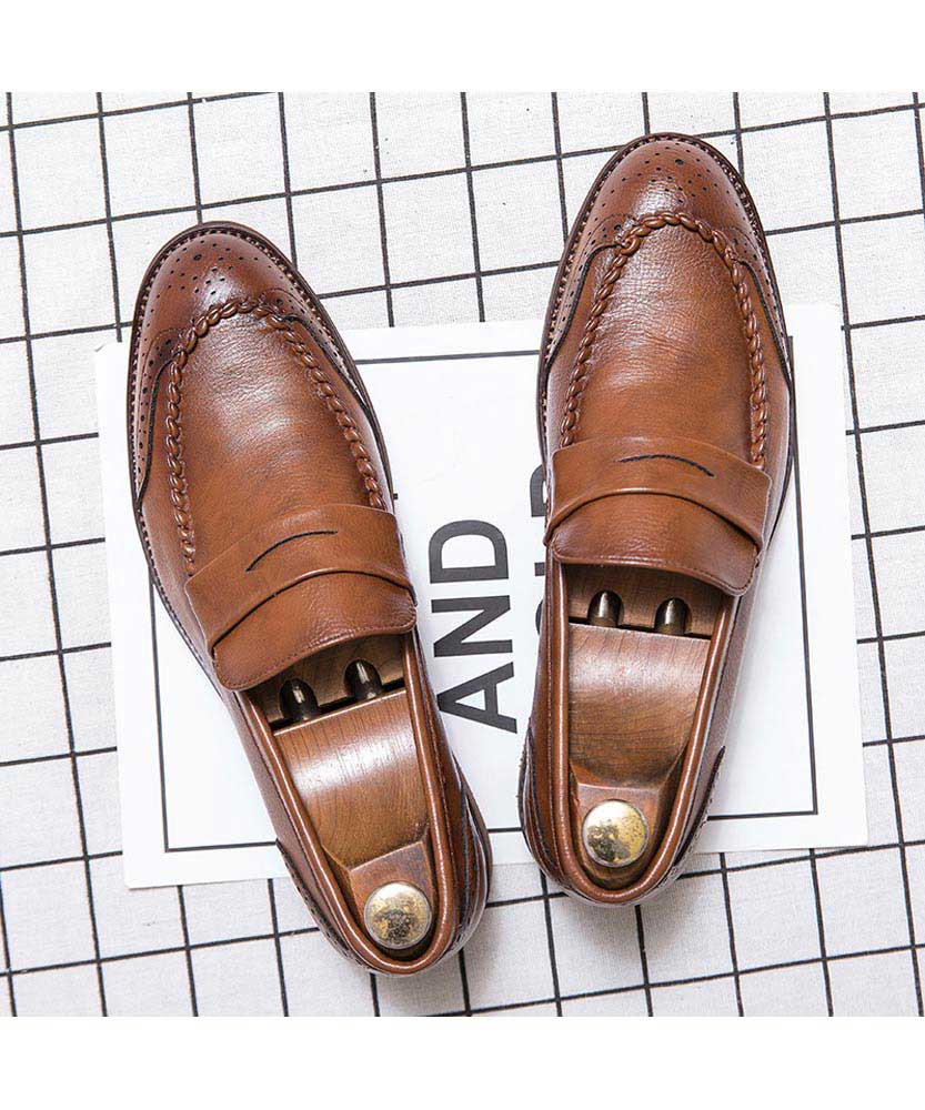 Brown retro brogue penny slip on dress shoe | Mens dress shoes online ...