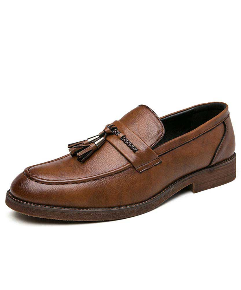 Men's brown tassel on penny strap slip on dress shoe 01