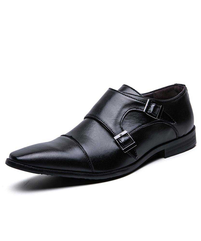 Men's black cap double monk strap slip on dress shoe 01