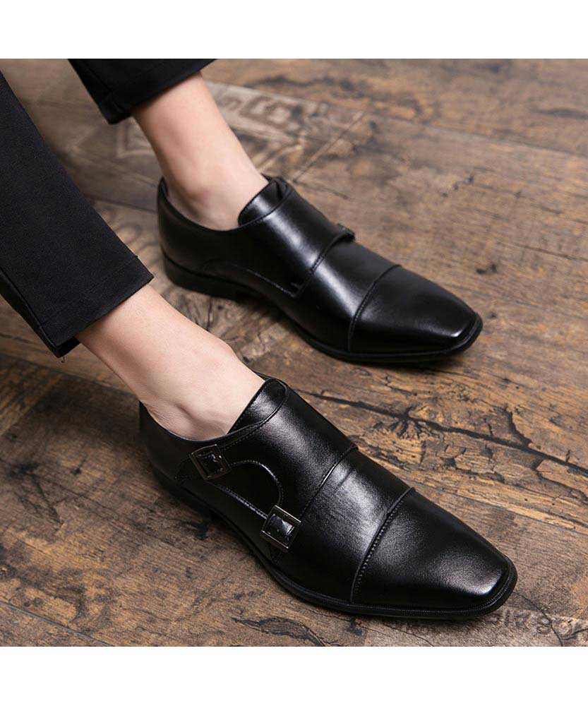 Black cap double monk strap slip on dress shoe | Mens dress shoes ...