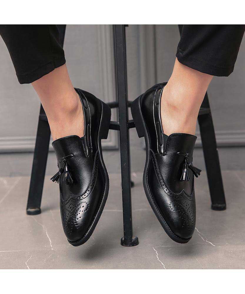 Black brogue slip on dress shoe with tassel | Mens dress shoes online ...