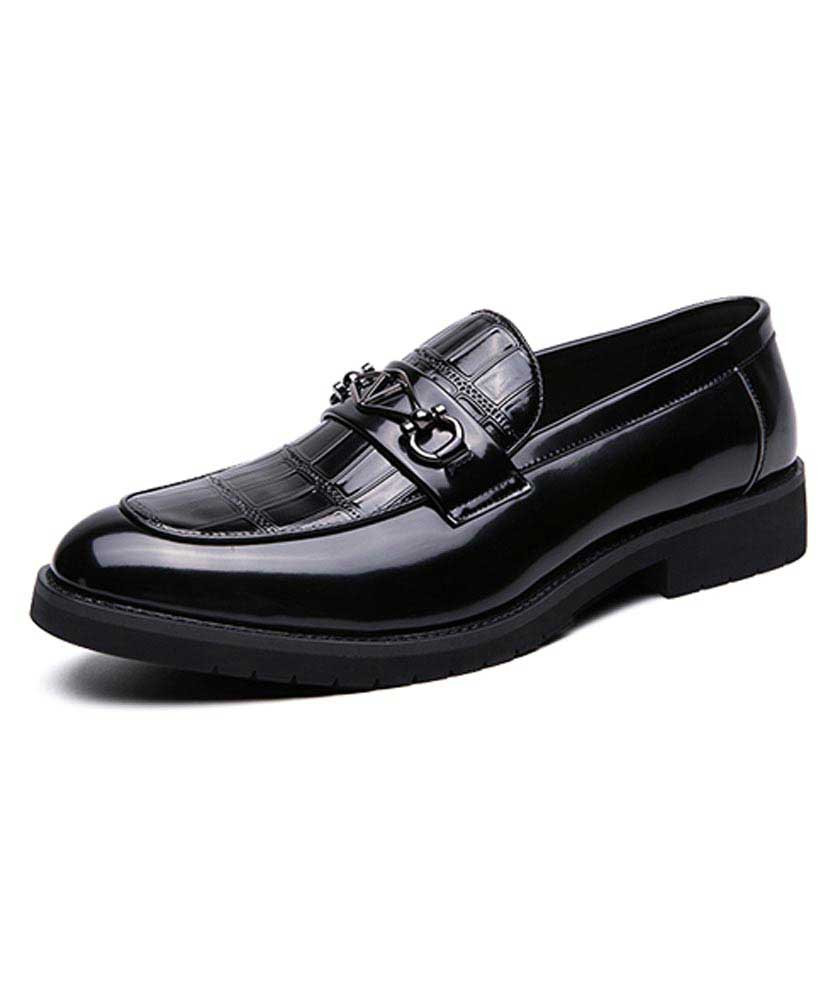 Men's black patterned vamp metal buckle slip on dress shoe 01