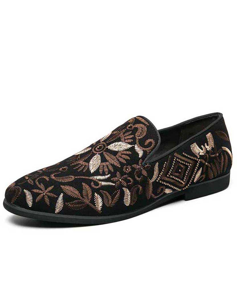 Men's black floral pattern print slip on dress shoe 01