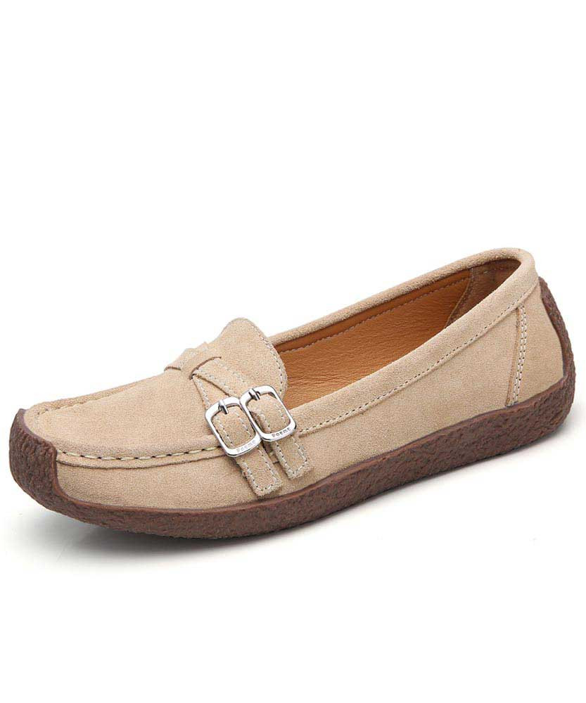 Women's beige double cross buckle strap slip on shoe 01
