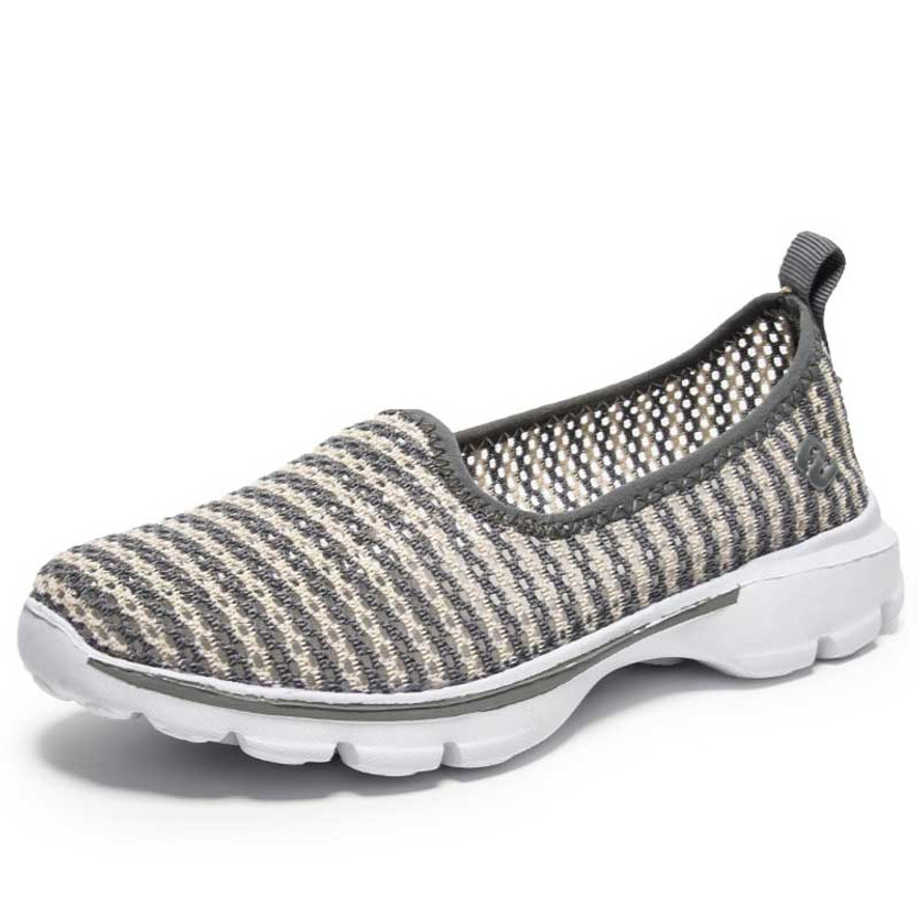 Women's grey stripe hollow out pattern slip on shoe sneaker 01