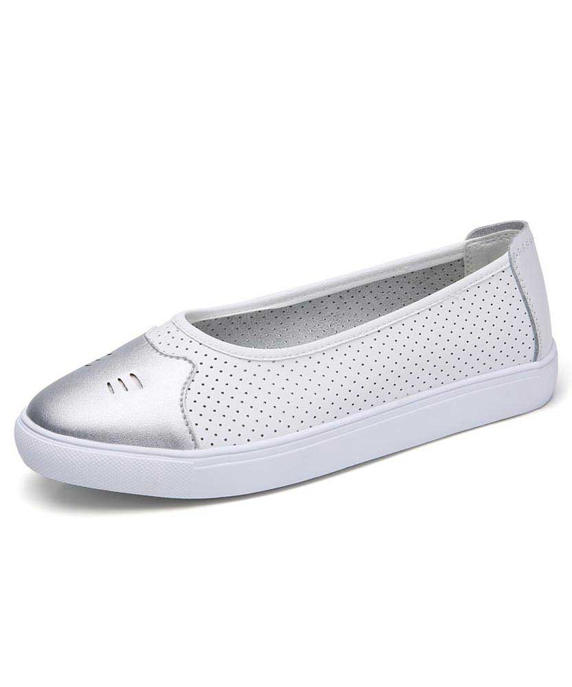 Women's white silver hollow low cut slip on shoe 01