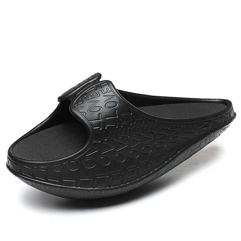Women's black letter pattern slip on rocker bottom shoe sandal 01