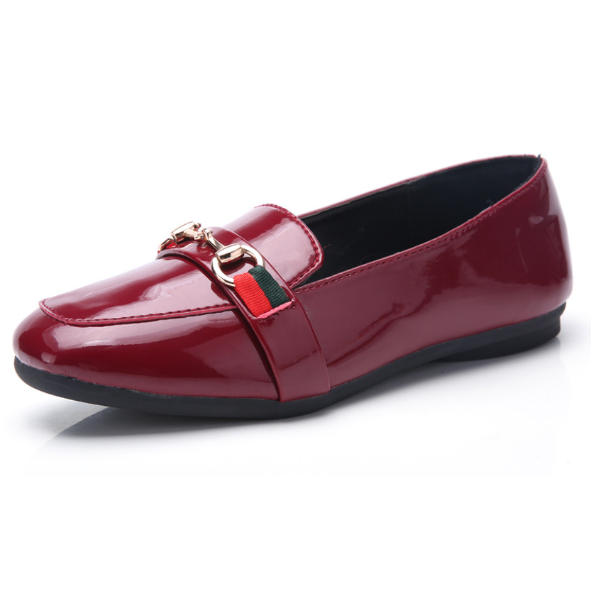 Women's red metal buckle color stripe slip on shoe loafer 01