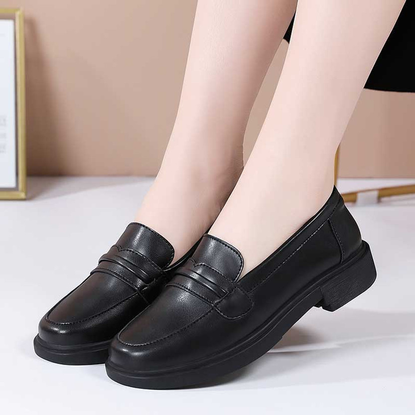 Black round toe slip on penny shoe loafer | Womens shoe loafers online ...