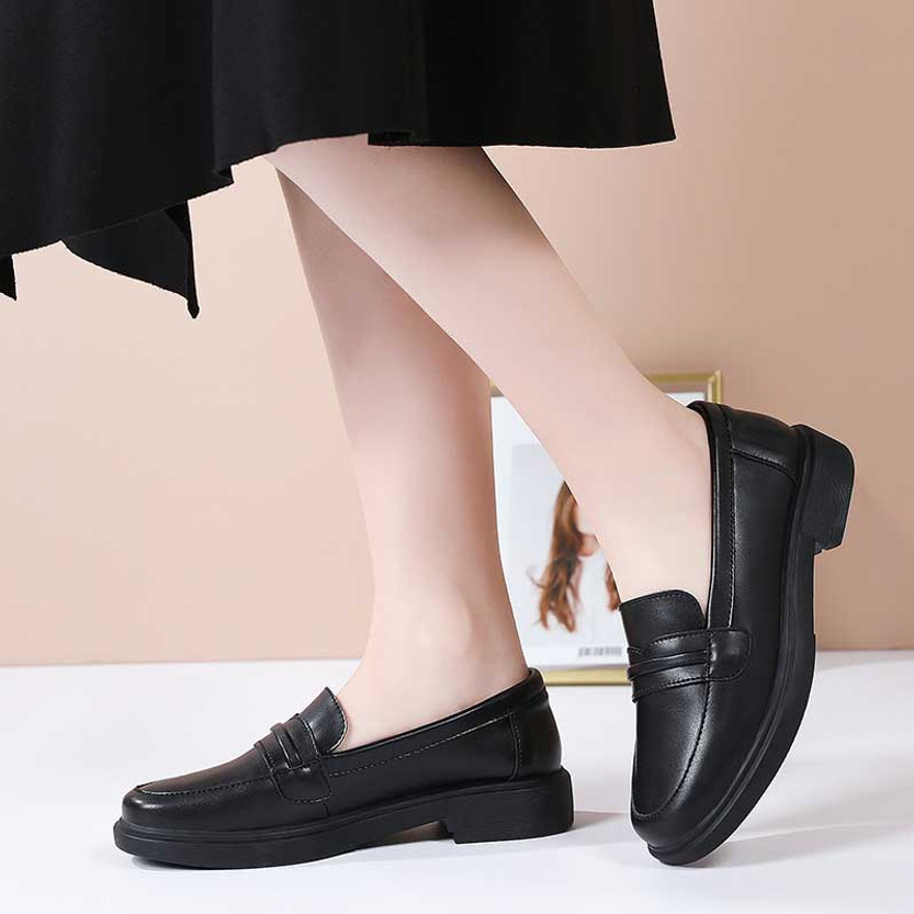 Black round toe slip on penny shoe loafer | Womens shoe loafers online ...