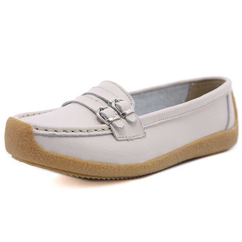 Women's beige double buckle strap slip on shoe loafer 01